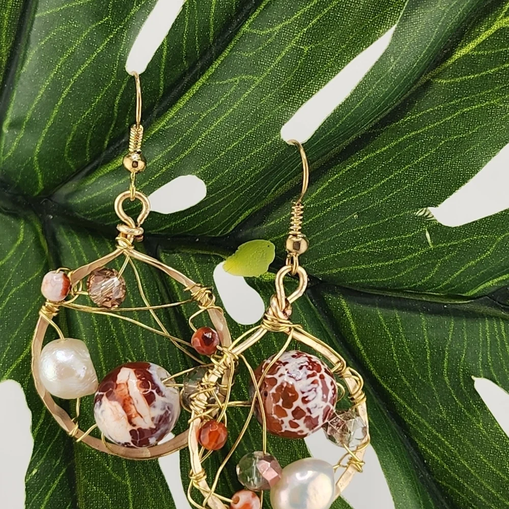 CATCH DREAMS BRASS METAL HANDMADE EARRINGS W/ AGATE, PEARLS & CRYSTALS